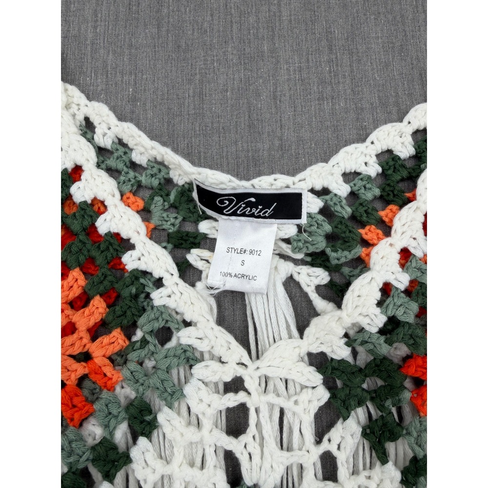 Vivid Womens Small‎ Crochet Granny Square Fringe Crop Top Orange Green Boho - Picture 2 of 8